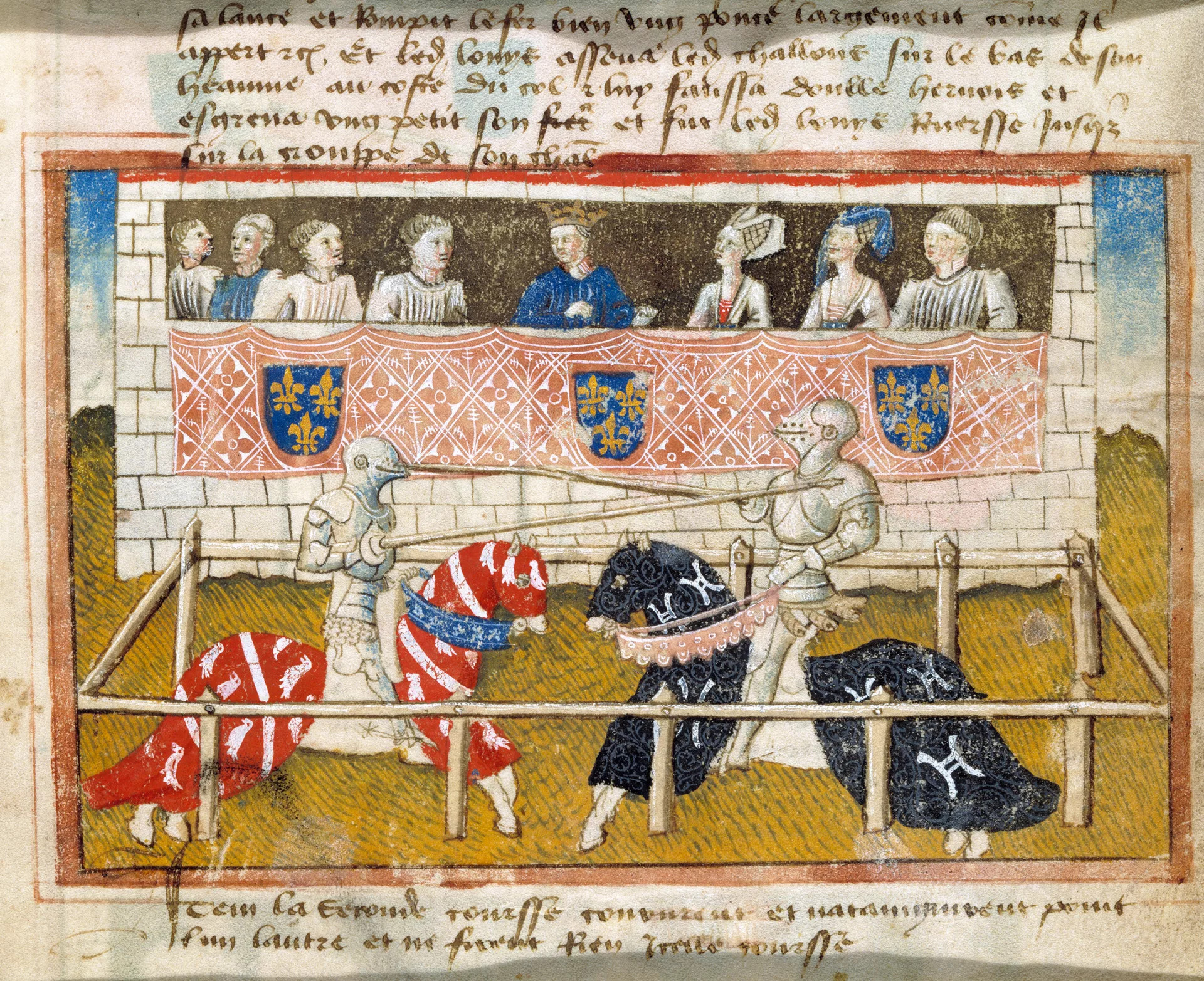 knights jousting within a fenced enclosure