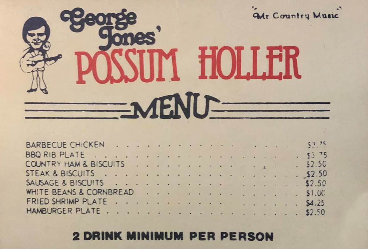George Jones possum holler menu